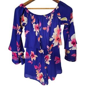 Peach Love Blue Colorful Floral Summer Spring Off The Shoulder Romper Size M